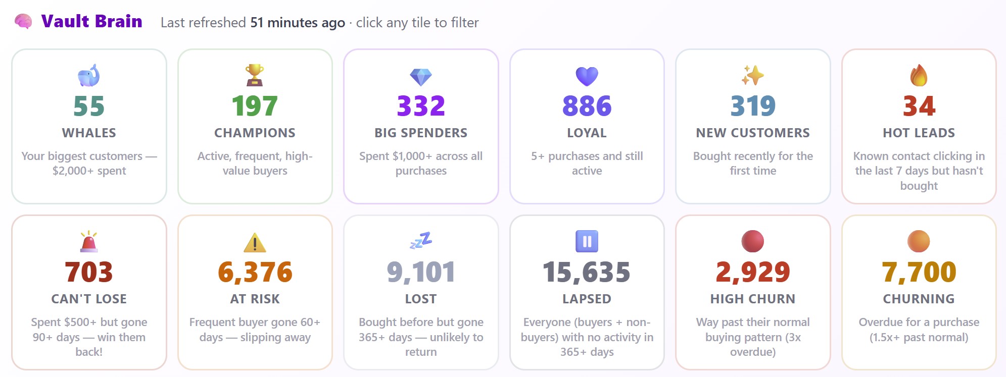 Audience Vault Brain — 12 AI-style customer segments live on the WordPress dashboard