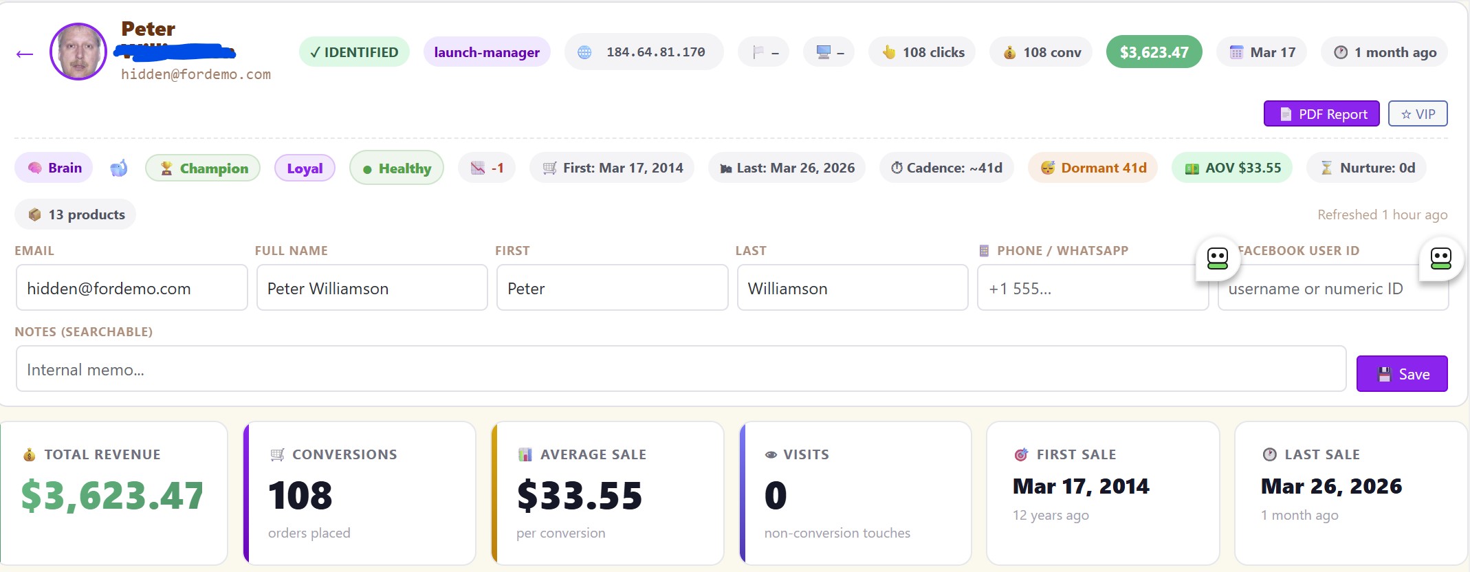 Full customer card showing total revenue, segment badges, and journey timeline