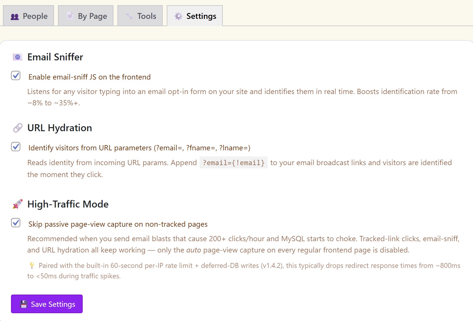 Email Sniffer, URL Hydration, and High-Traffic Mode settings
